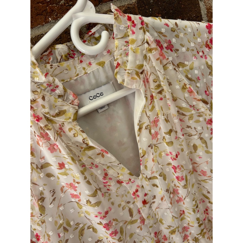 CeCe Floral Clip Dot Tiered Mini Dress Pink Green Ruffle Neck Small